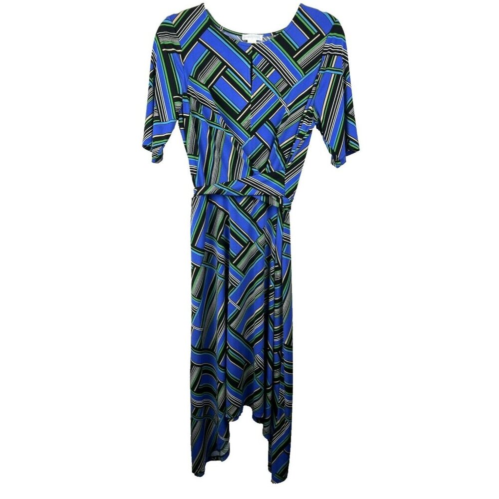 London Times Womens Dress 10 Blue Mosaic Colorful Midi Twist V Neck Short Sleeve